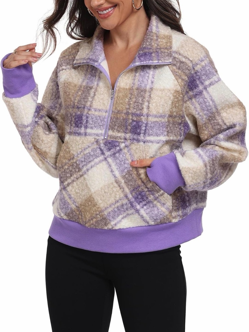 A402 Cozy Plaid Teddy Half-Zip Jacket in Lavender & Cream NWT